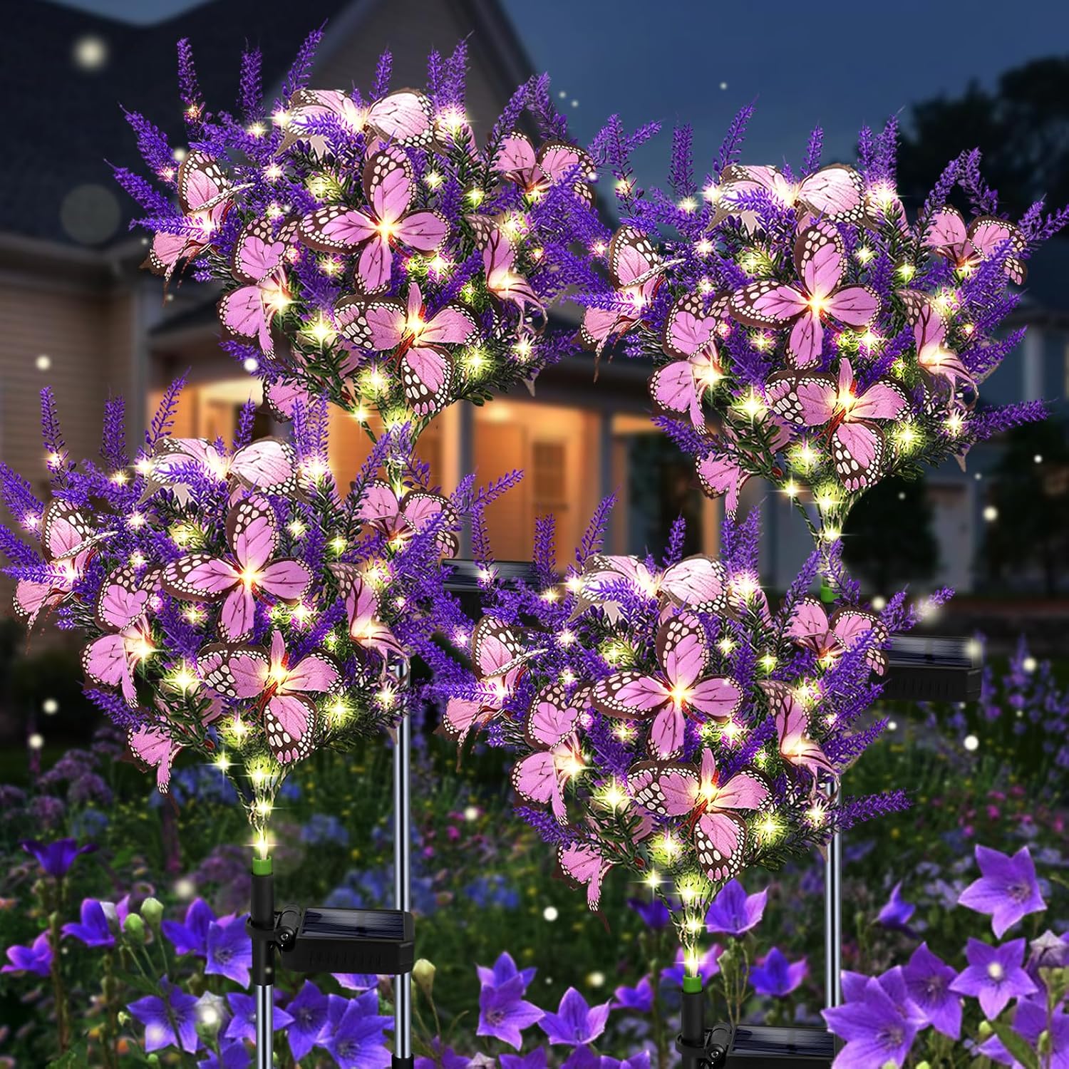 Outdoor Purple Solar Powered Artificial Flowers with Butterfly, Purple Garden Decoration