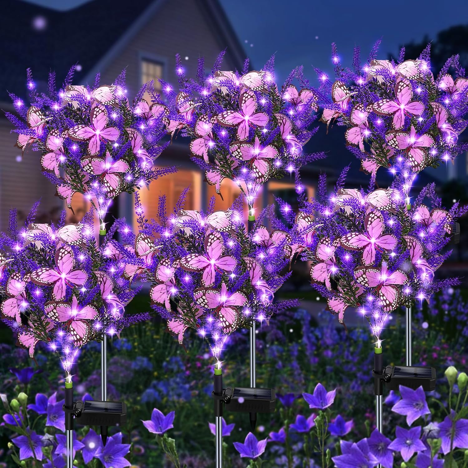 Outdoor Purple Solar Powered Artificial Flowers with Butterfly, Purple Garden Decoration