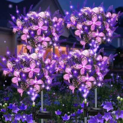 Outdoor Purple Solar Powered Artificial Flowers with Butterfly, Purple Garden Decoration