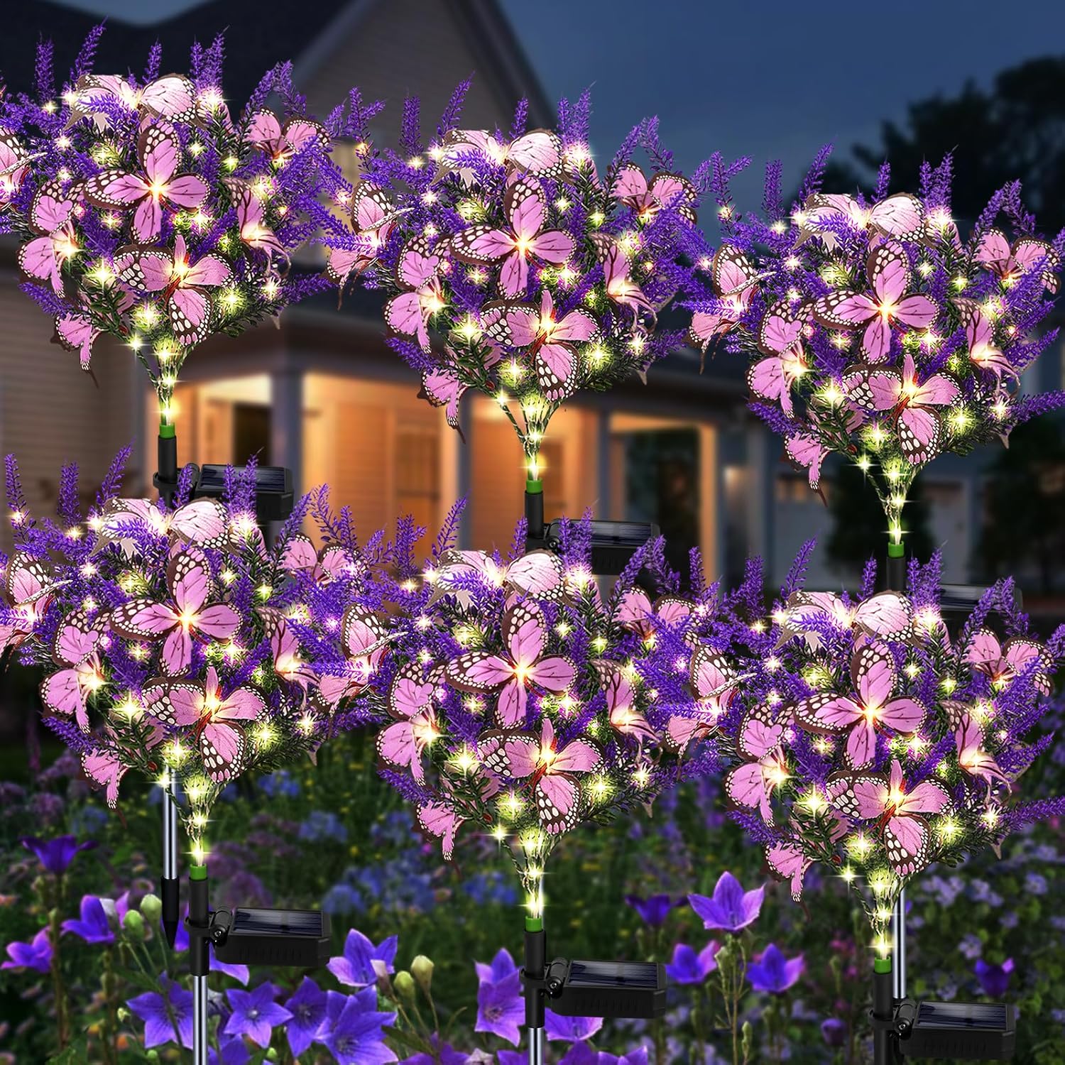 Outdoor Purple Solar Powered Artificial Flowers with Butterfly, Purple Garden Decoration