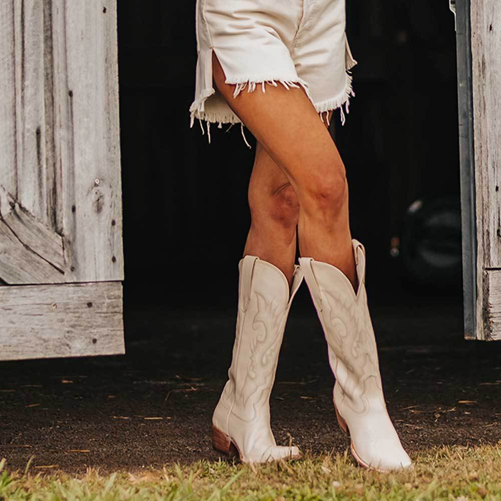 Ivory Pointed Toe Chunky Heel Vintage Knee-High Women's Cowboy Boots