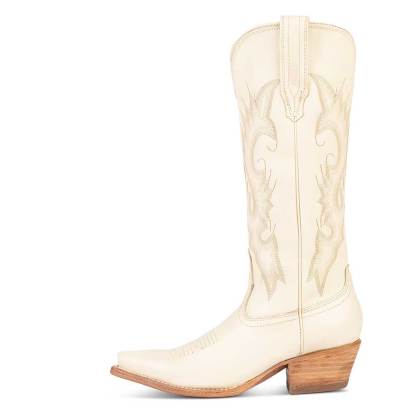 Ivory Pointed Toe Chunky Heel Vintage Knee-High Women's Cowboy Boots