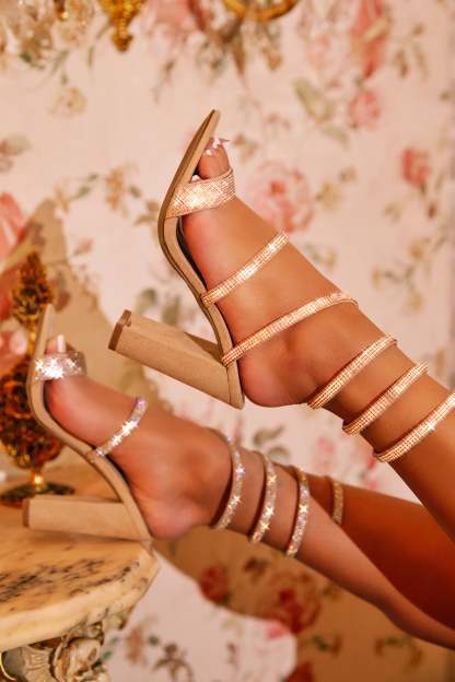 So In Love Embellished Block High Heels - Nude-Laseno.All Rights Reserved.
