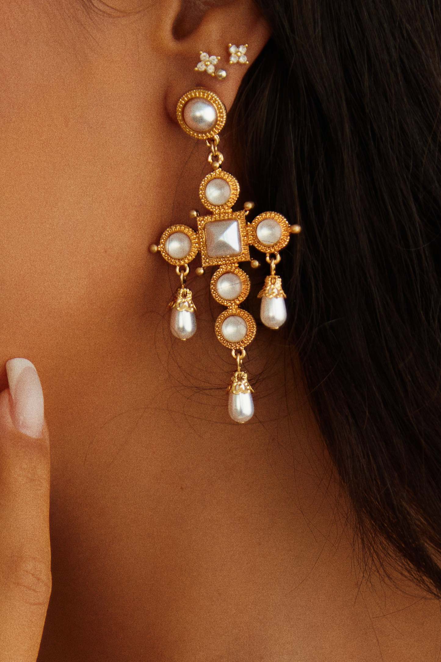 Lorena Embellished Cross Earring - White-Laseno.All Rights Reserved.