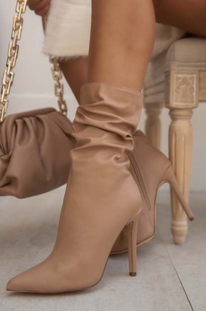 So Flirty Ruched Detailed Ankle Heel Boots - Nude-Laseno.All Rights Reserved.