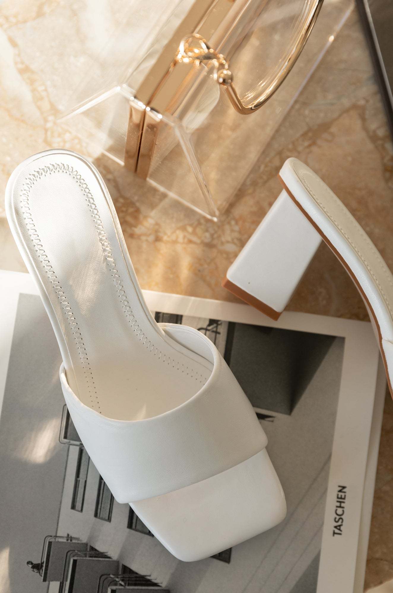 Valentine Block Heel Mules - White-Laseno.All Rights Reserved.