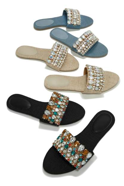 Isla Bonita Embellished Slip On Sandals - Denim-Laseno.All Rights Reserved.