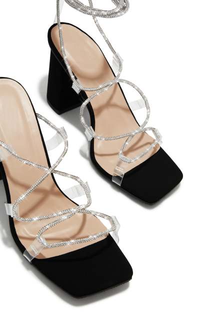 Rosalyn Embellished Lace Up Block Heels - Black-Laseno.All Rights Reserved.