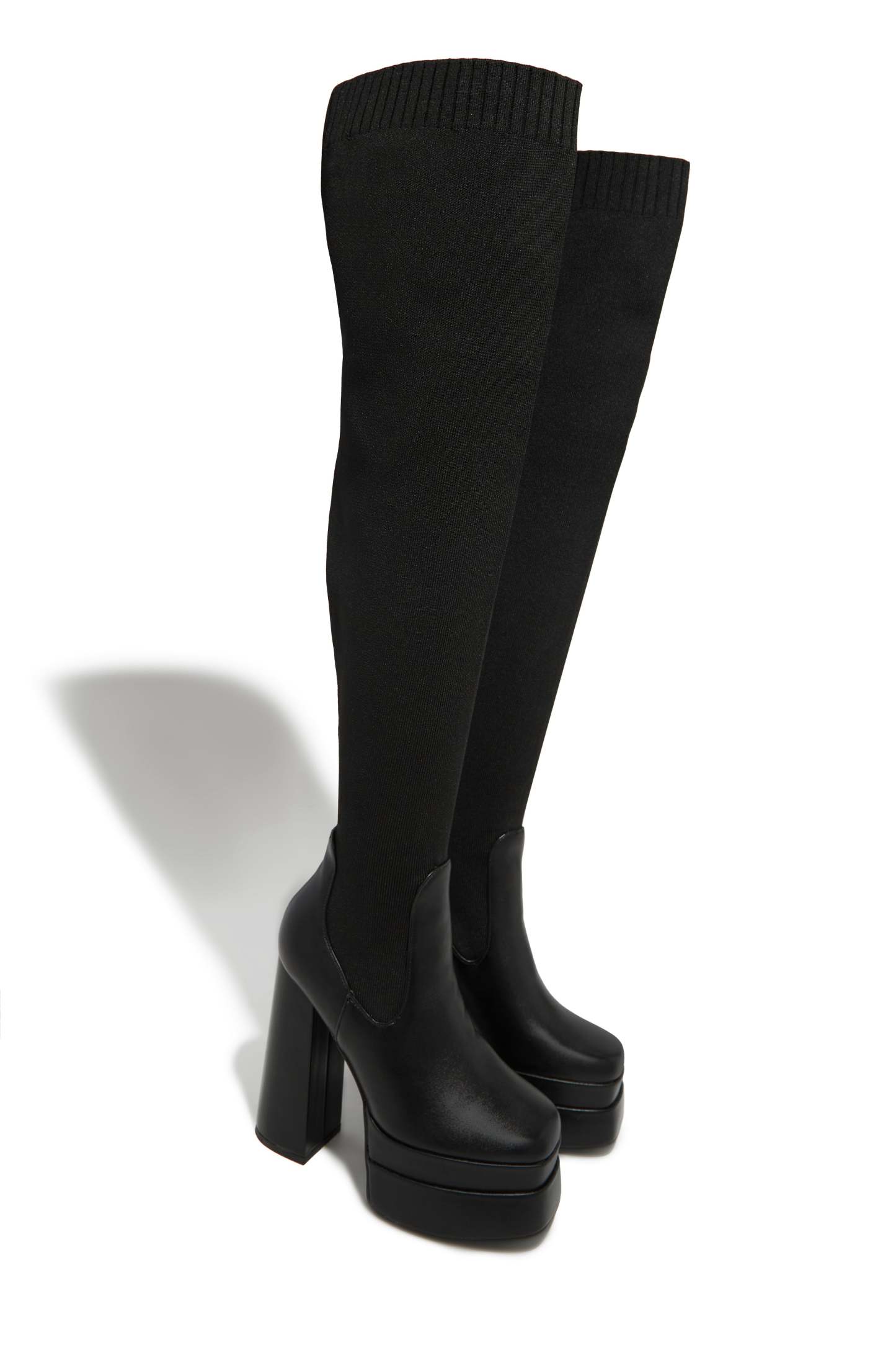 Nelle Over The Knee Platform Block Heel Boots - Black Pu-Laseno.All Rights Reserved.