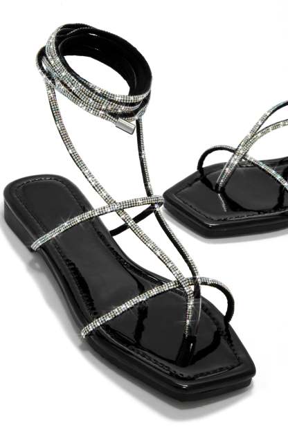 Luxury Oasis Embellished Lace Up Sandals - Black-Laseno.All Rights Reserved.