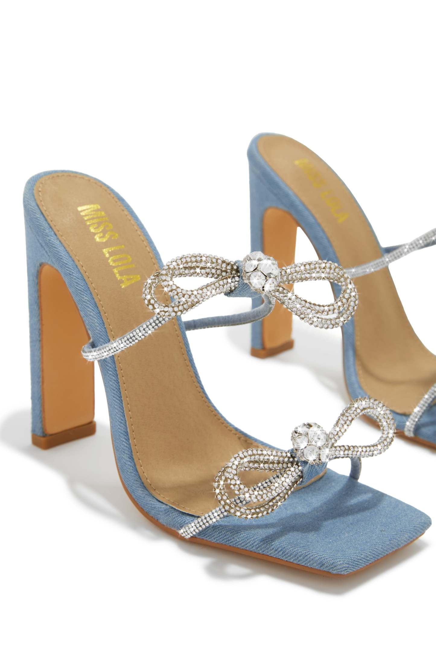 Life Is A Party Embellished High Heel Mules - Denim-Laseno.All Rights Reserved.