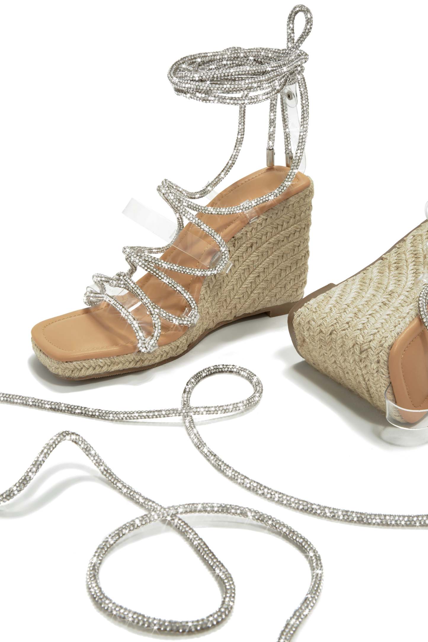Tulum Oasis Embellished Lace Up Espadrille Wedges - Nude-Laseno.All Rights Reserved.