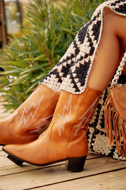 Mainstage Moment Stacked Heel Boots - Cognac-Laseno.All Rights Reserved.