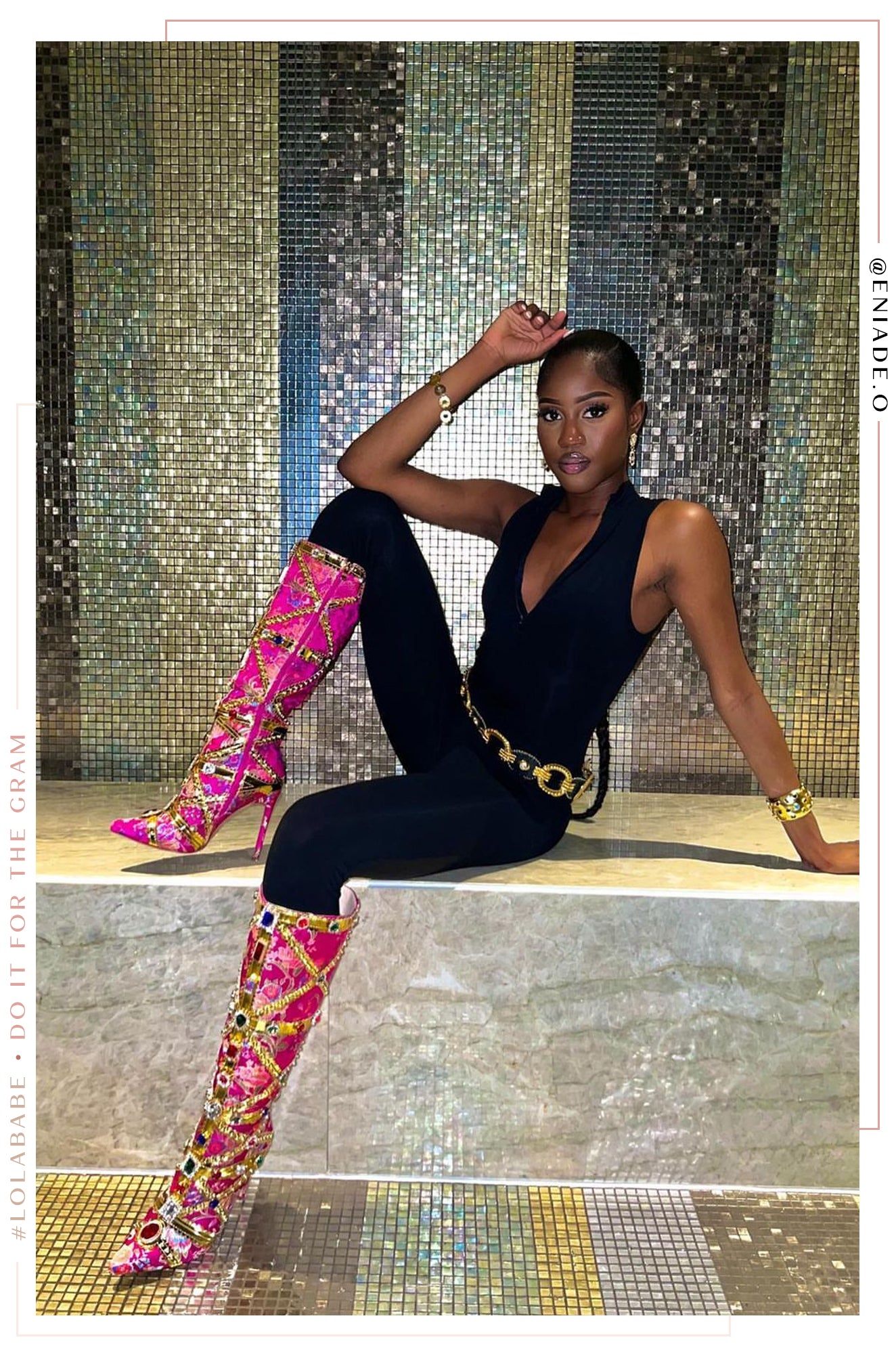Masterpiece Embellished Knee High Heel Boots - Pink-Laseno.All Rights Reserved.