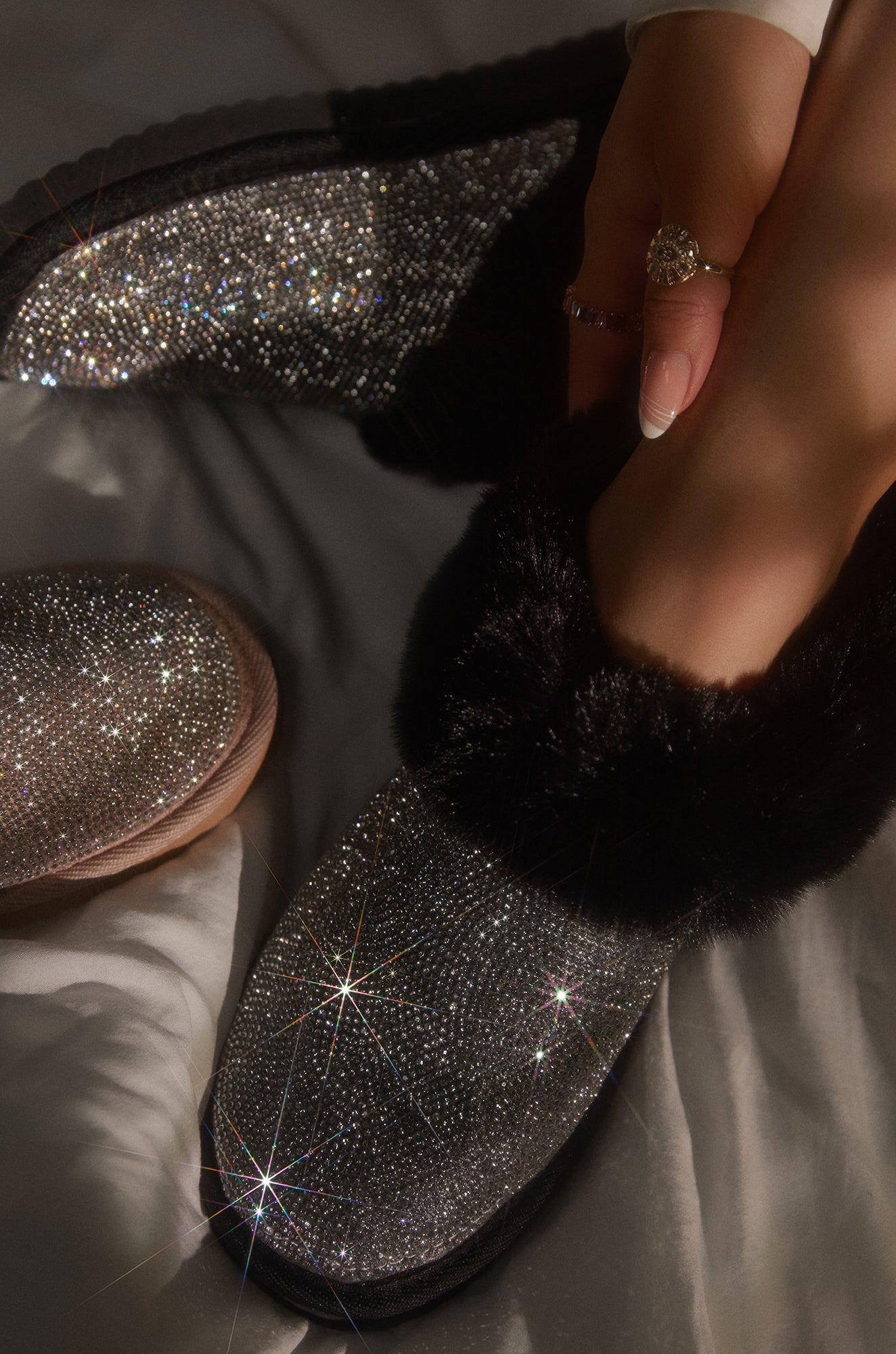 Luxe Status Embellished Faux Fur Boots - Black-Laseno.All Rights Reserved.