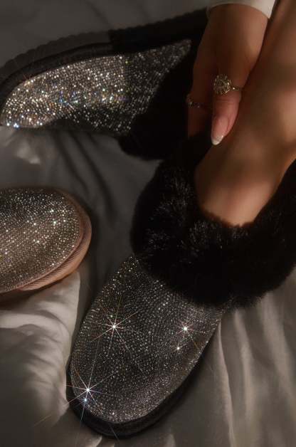 Luxe Status Embellished Faux Fur Boots - Black-Laseno.All Rights Reserved.