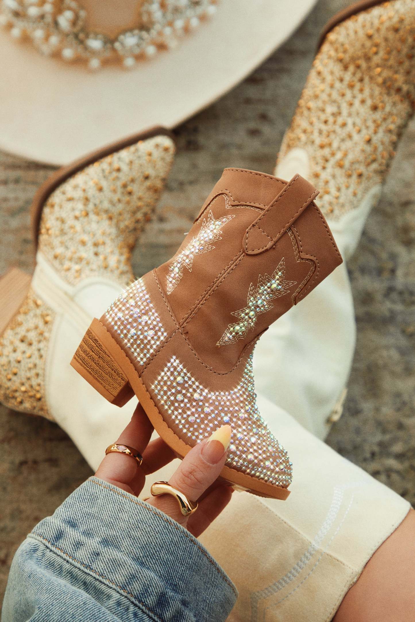 Mini Frankie Embellished Cowgirl Boots - Tan-Laseno.All Rights Reserved.