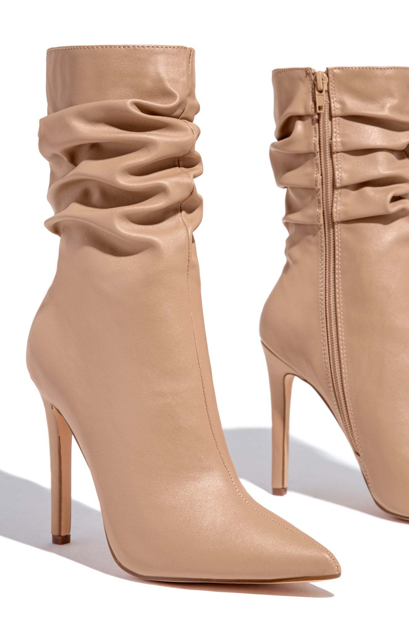 So Flirty Ruched Detailed Ankle Heel Boots - Nude-Laseno.All Rights Reserved.