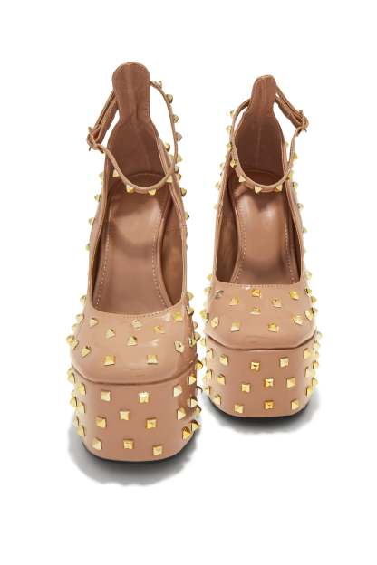 Nayomi Studded Platform Block High Heels - Nude-Laseno.All Rights Reserved.