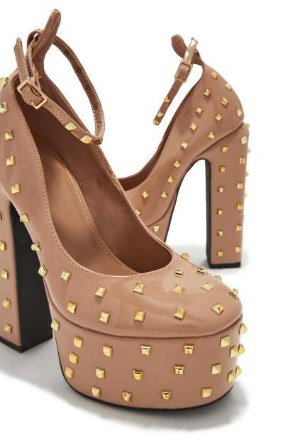 Nayomi Studded Platform Block High Heels - Nude-Laseno.All Rights Reserved.