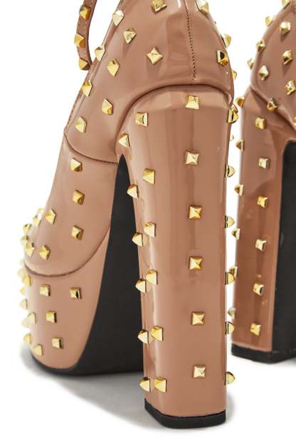 Nayomi Studded Platform Block High Heels - Nude-Laseno.All Rights Reserved.