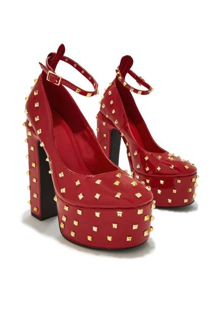 Nayomi Studded Platform Block High Heels - Red-Laseno.All Rights Reserved.