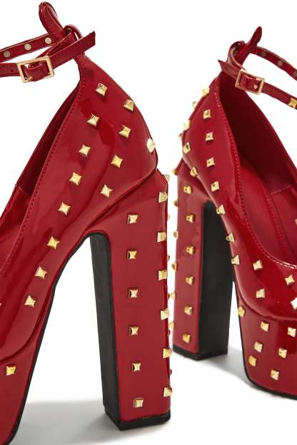 Nayomi Studded Platform Block High Heels - Red-Laseno.All Rights Reserved.