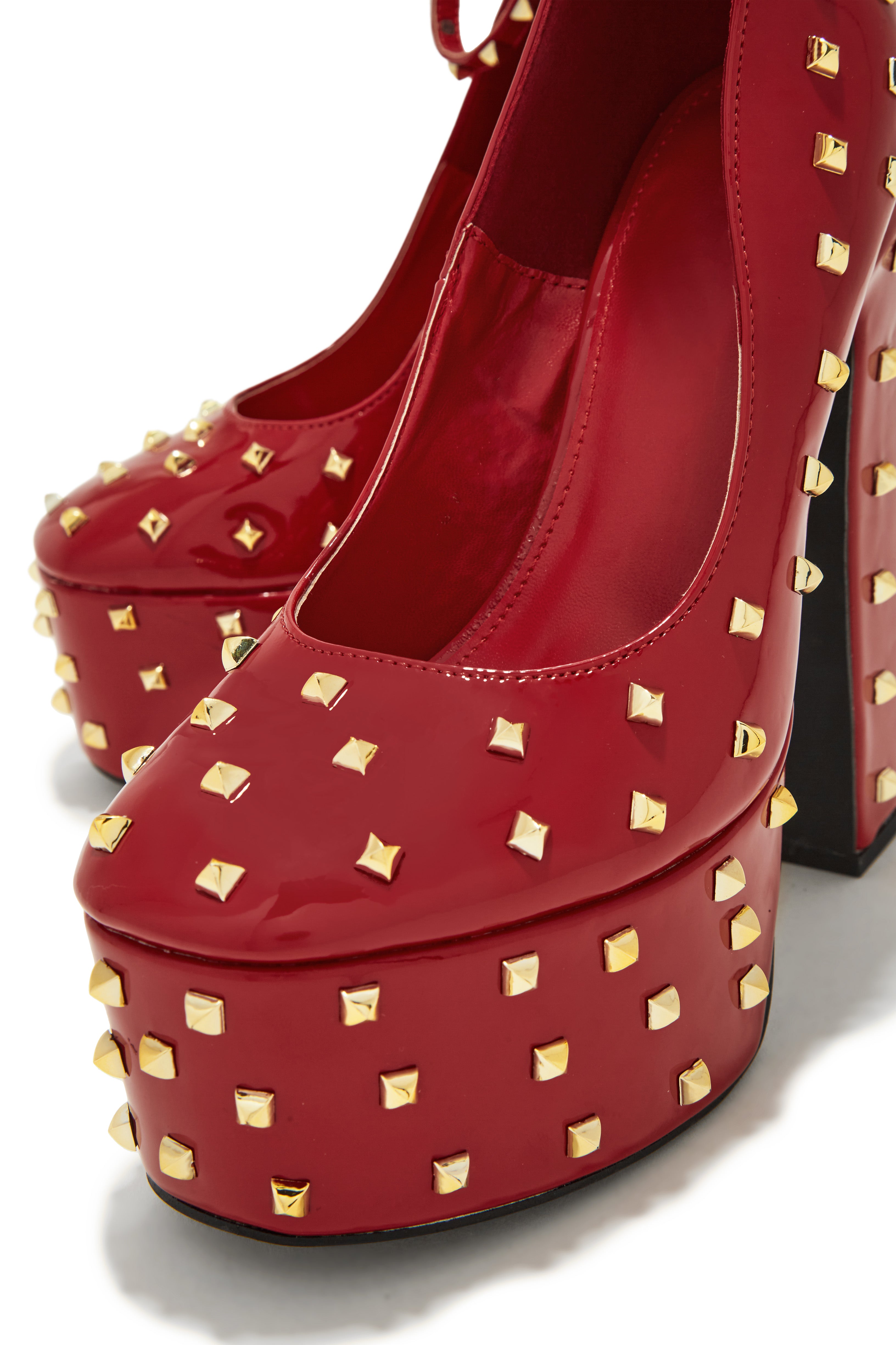 Nayomi Studded Platform Block High Heels - Red-Laseno.All Rights Reserved.