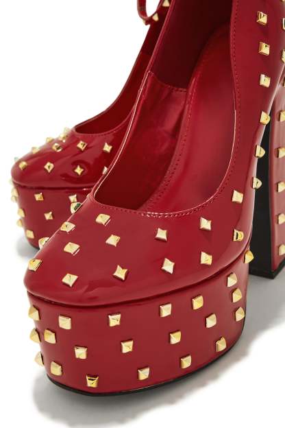 Nayomi Studded Platform Block High Heels - Red-Laseno.All Rights Reserved.