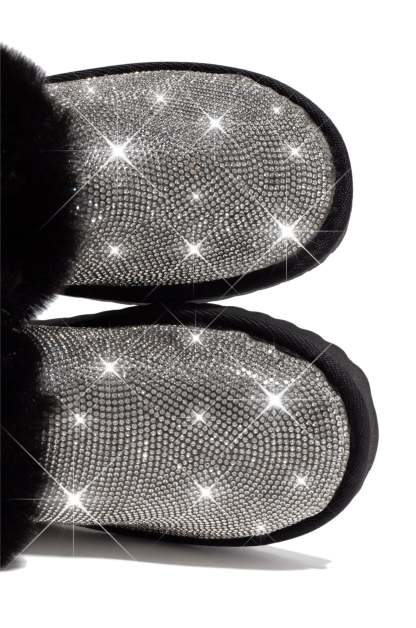 Luxe Status Embellished Faux Fur Boots - Black-Laseno.All Rights Reserved.