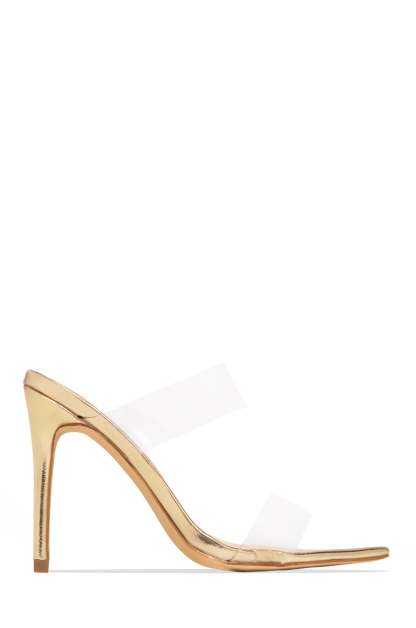 Social Babe Clear Strap High Heel Mules - Gold-Laseno.All Rights Reserved.