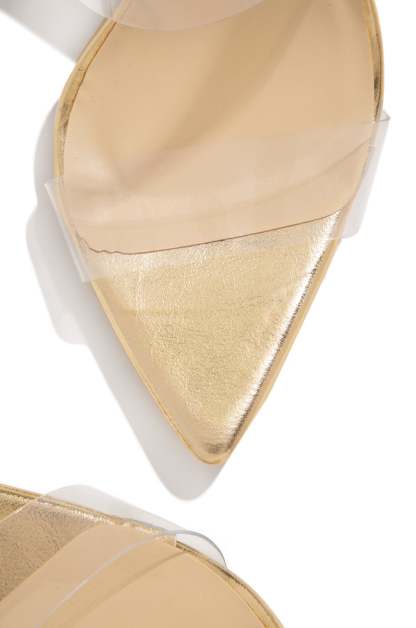 Social Babe Clear Strap High Heel Mules - Gold-Laseno.All Rights Reserved.