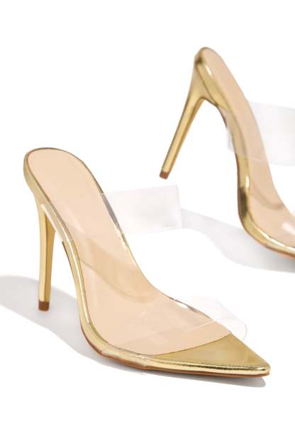 Social Babe Clear Strap High Heel Mules - Gold-Laseno.All Rights Reserved.