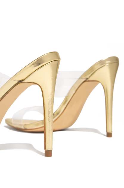 Social Babe Clear Strap High Heel Mules - Gold-Laseno.All Rights Reserved.