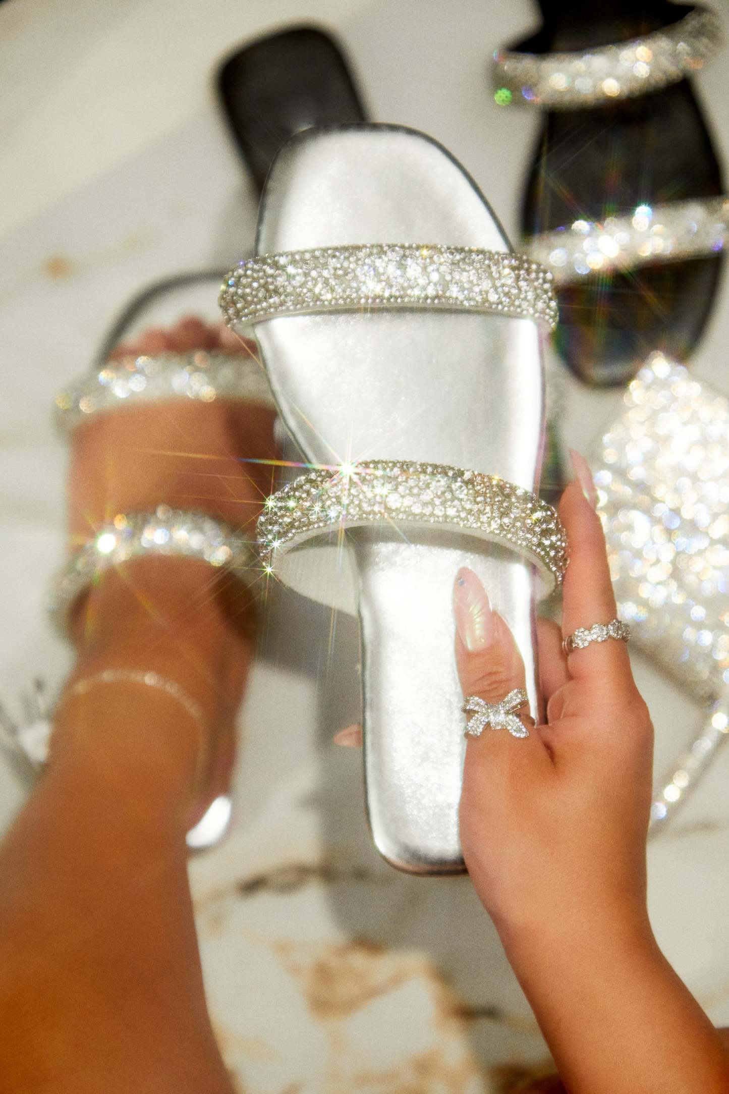 Natalia Embellished Slip On Sandals - Silver-Laseno.All Rights Reserved.