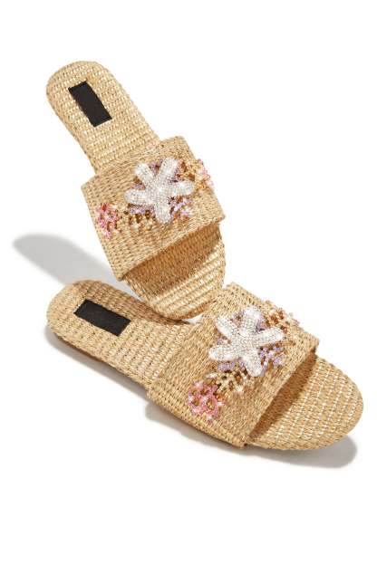 Seaside Muse Embellished Slip On Sandals - Natural-Laseno.All Rights Reserved.