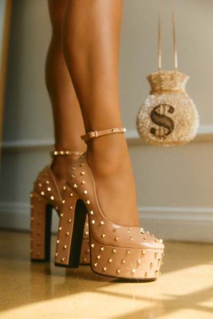 Nayomi Studded Platform Block High Heels - Nude-Laseno.All Rights Reserved.