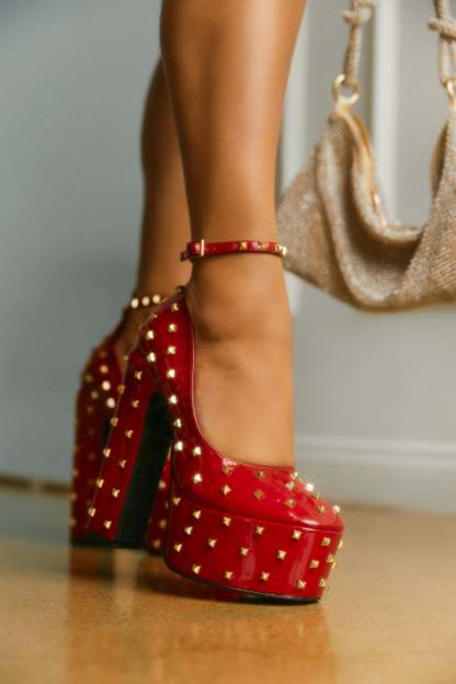 Nayomi Studded Platform Block High Heels - Red-Laseno.All Rights Reserved.