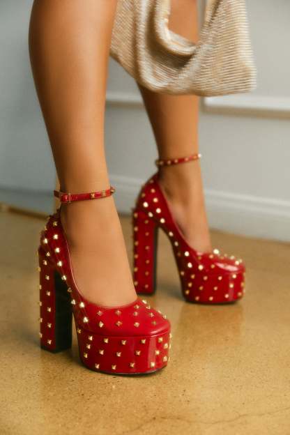 Nayomi Studded Platform Block High Heels - Red-Laseno.All Rights Reserved.