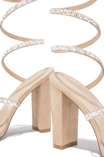 So In Love Embellished Block High Heels - Nude-Laseno.All Rights Reserved.