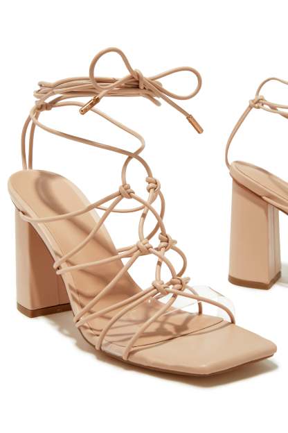 Palmera Lace Up Block Heels - Nude-Laseno.All Rights Reserved.