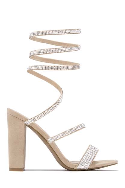 So In Love Embellished Block High Heels - Nude-Laseno.All Rights Reserved.