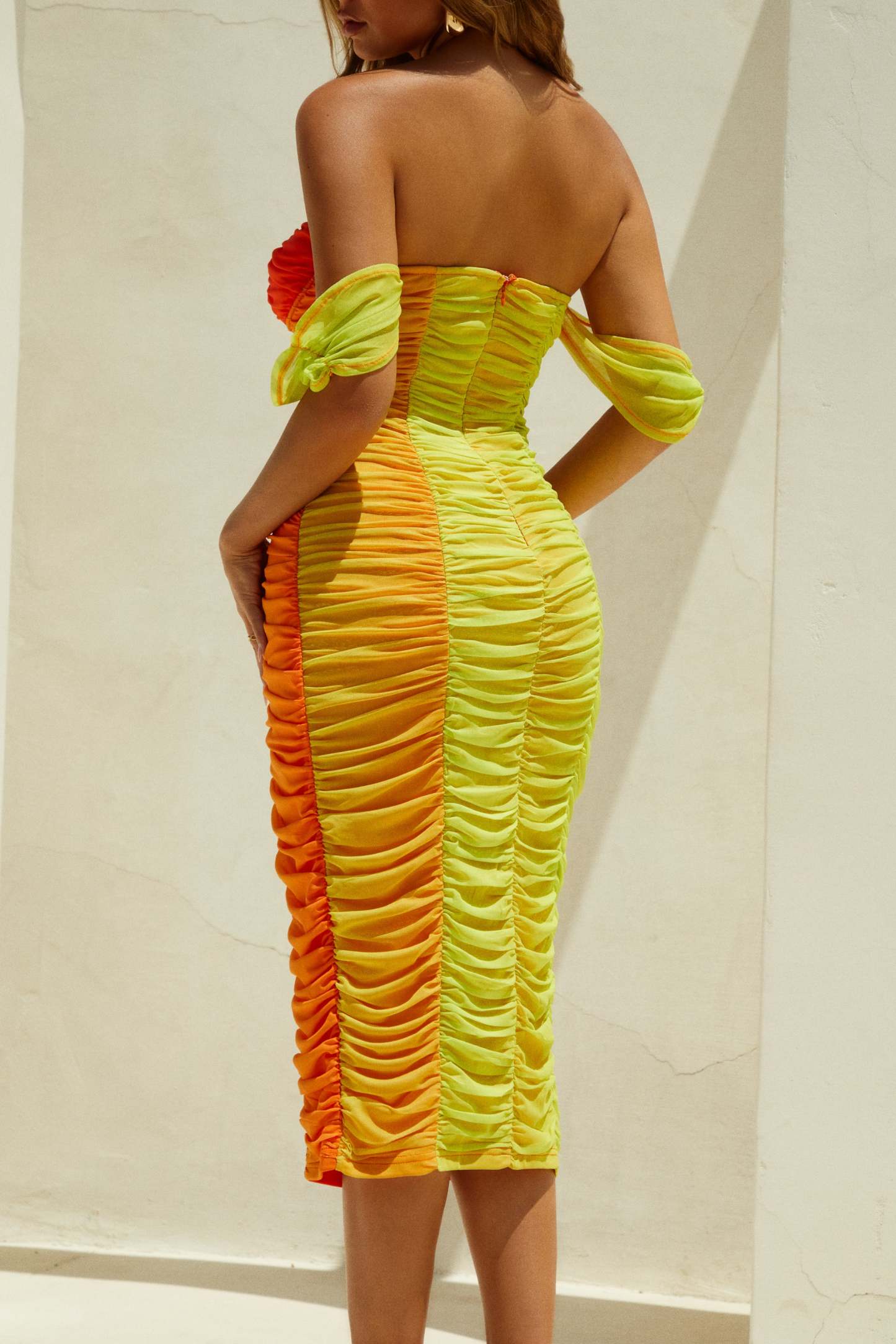 Paloma Ruched Midi Dress - Orange-Laseno.All Rights Reserved.