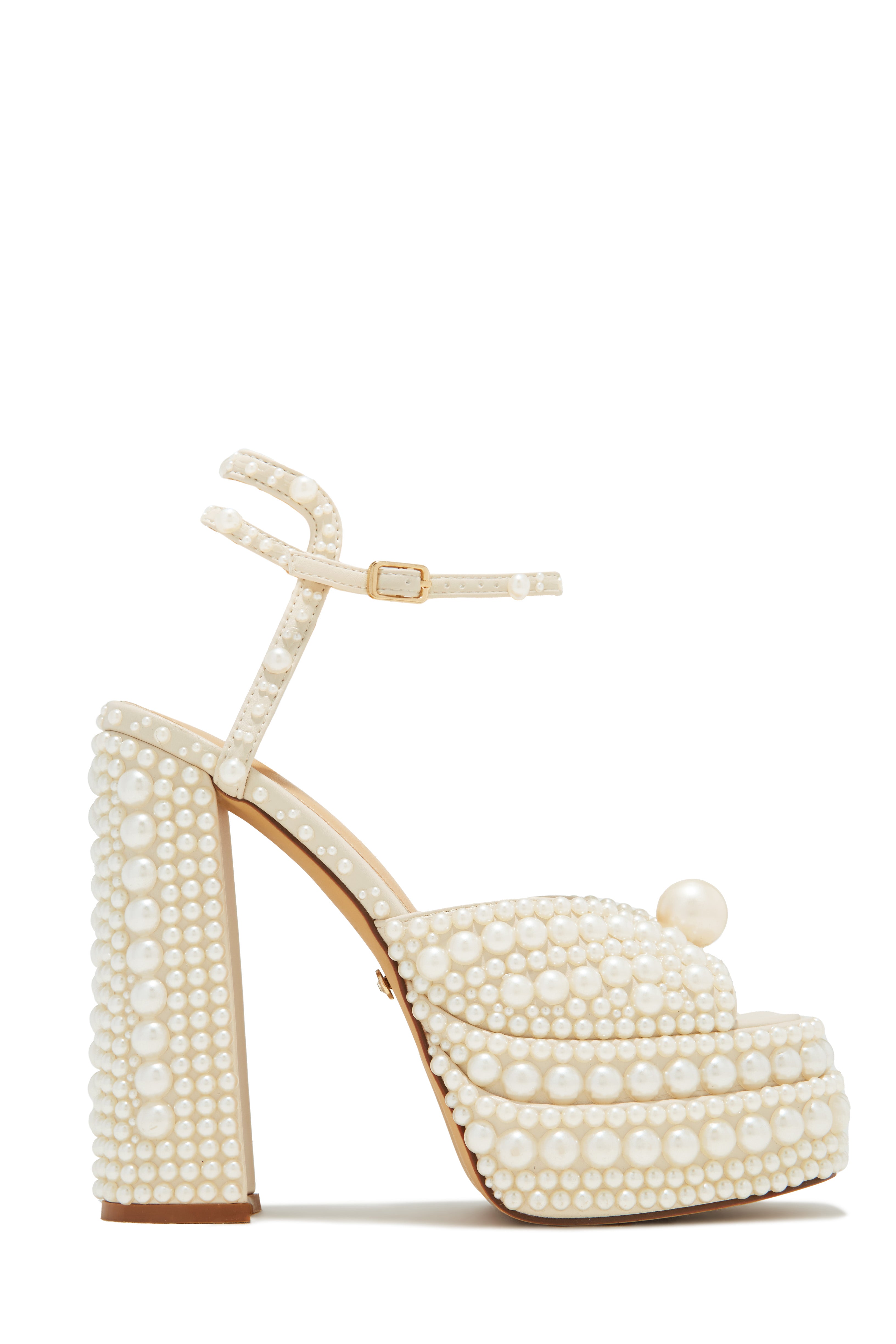 Wifey Status Platform Block Pearl Heels - White-Laseno.All Rights Reserved.
