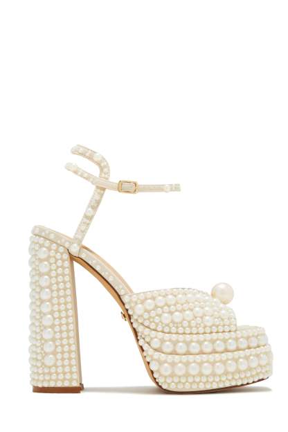Wifey Status Platform Block Pearl Heels - White-Laseno.All Rights Reserved.