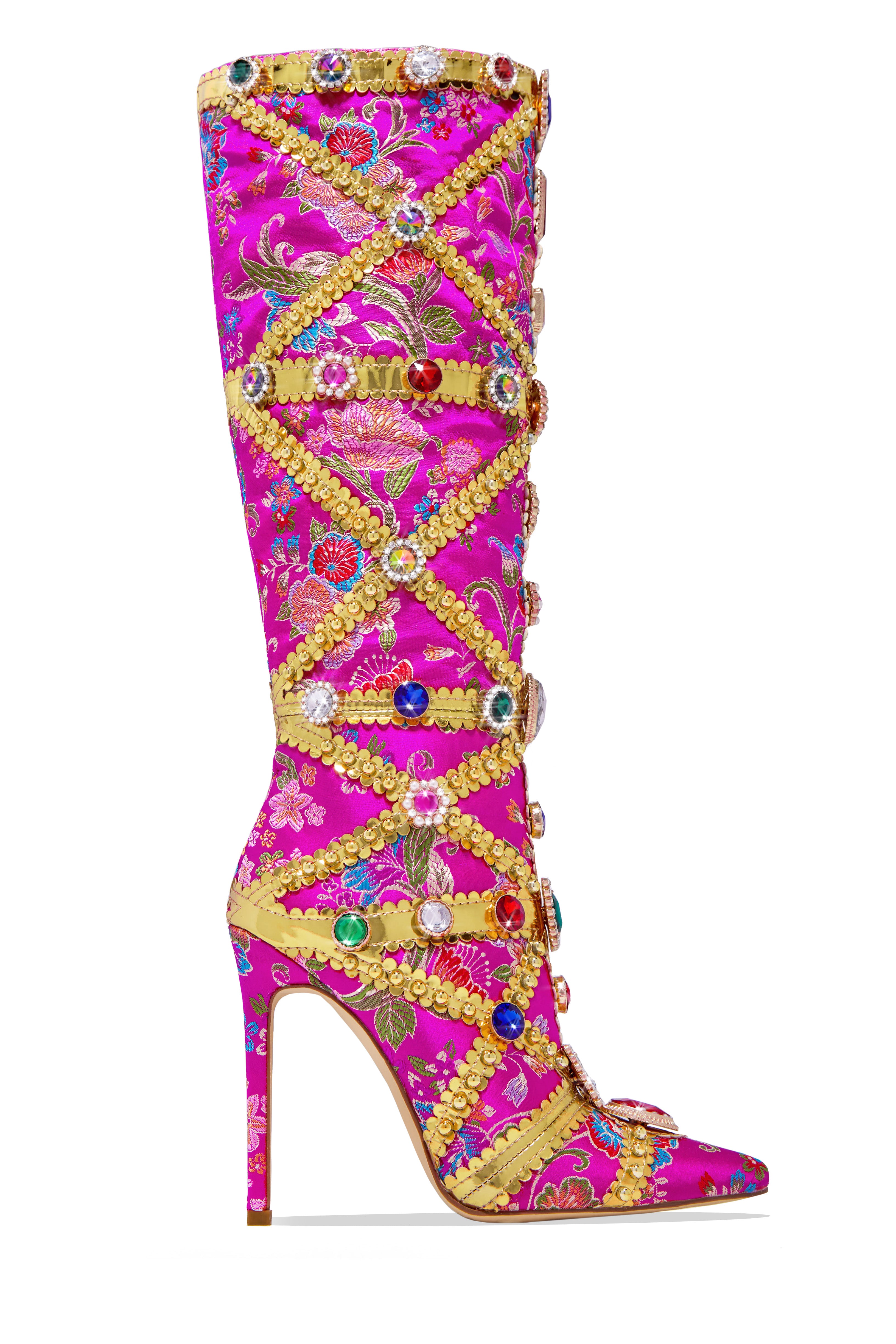 Masterpiece Embellished Knee High Heel Boots - Pink-Laseno.All Rights Reserved.