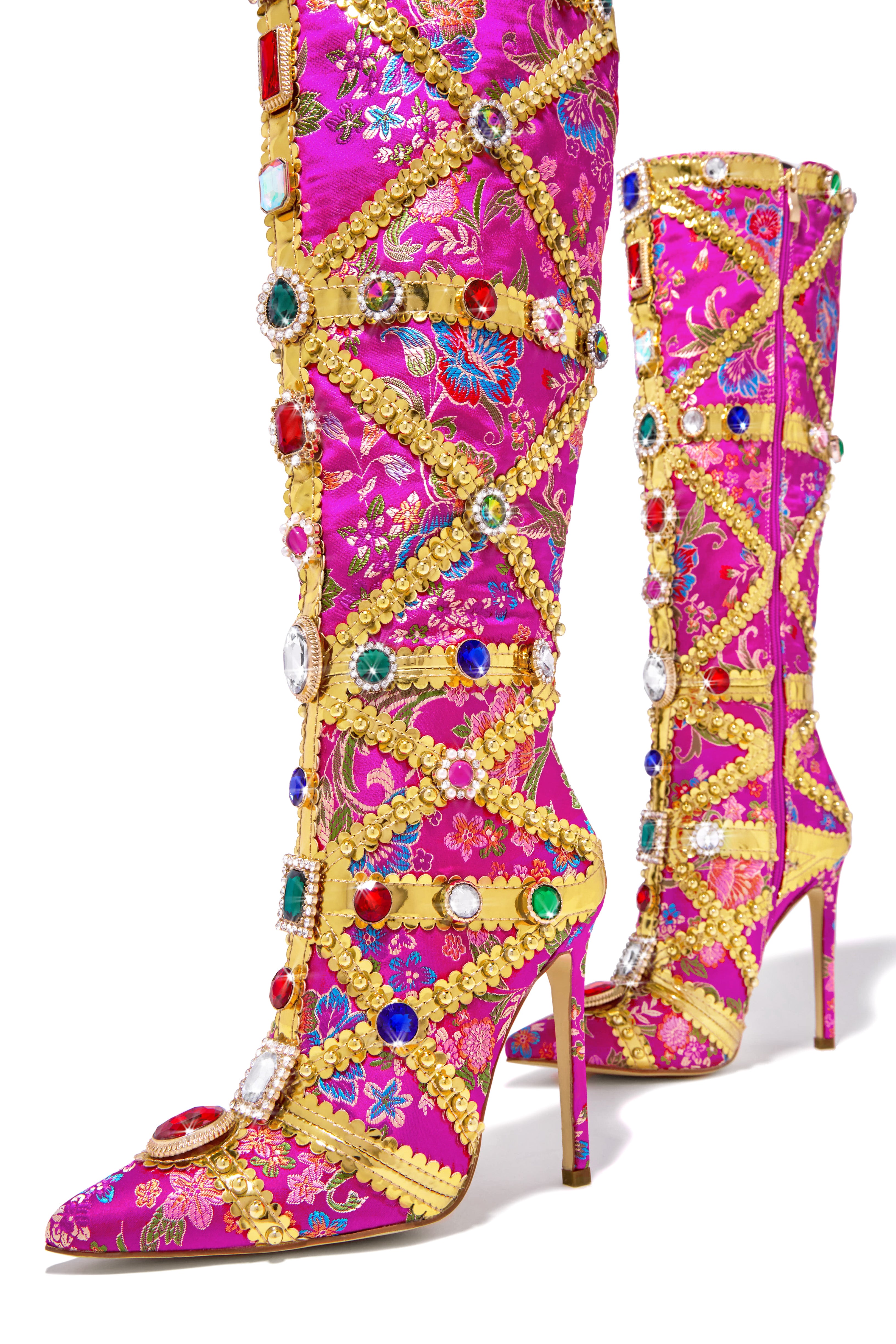 Masterpiece Embellished Knee High Heel Boots - Pink-Laseno.All Rights Reserved.