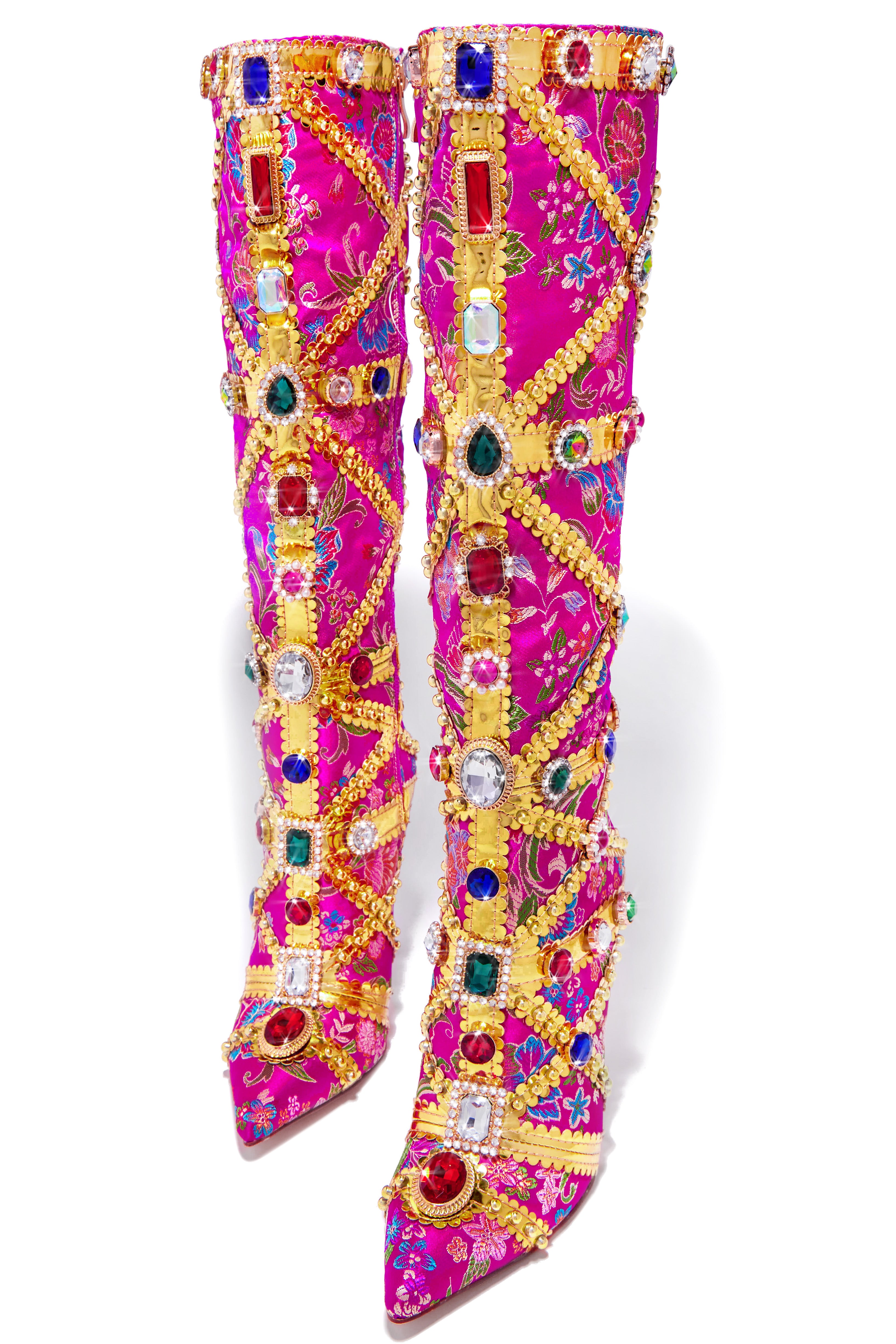 Masterpiece Embellished Knee High Heel Boots - Pink-Laseno.All Rights Reserved.