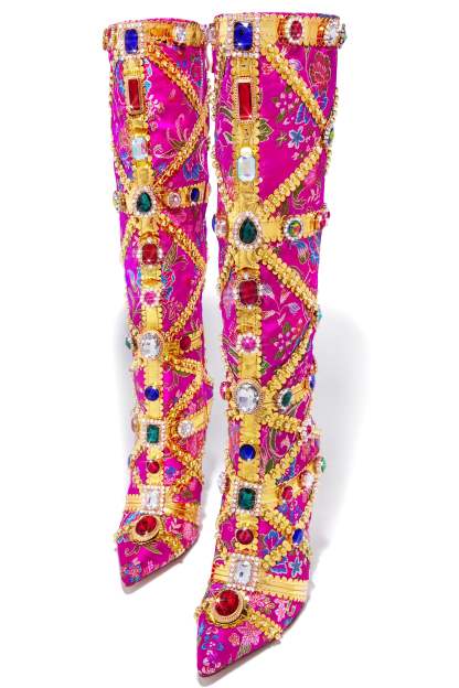 Masterpiece Embellished Knee High Heel Boots - Pink-Laseno.All Rights Reserved.