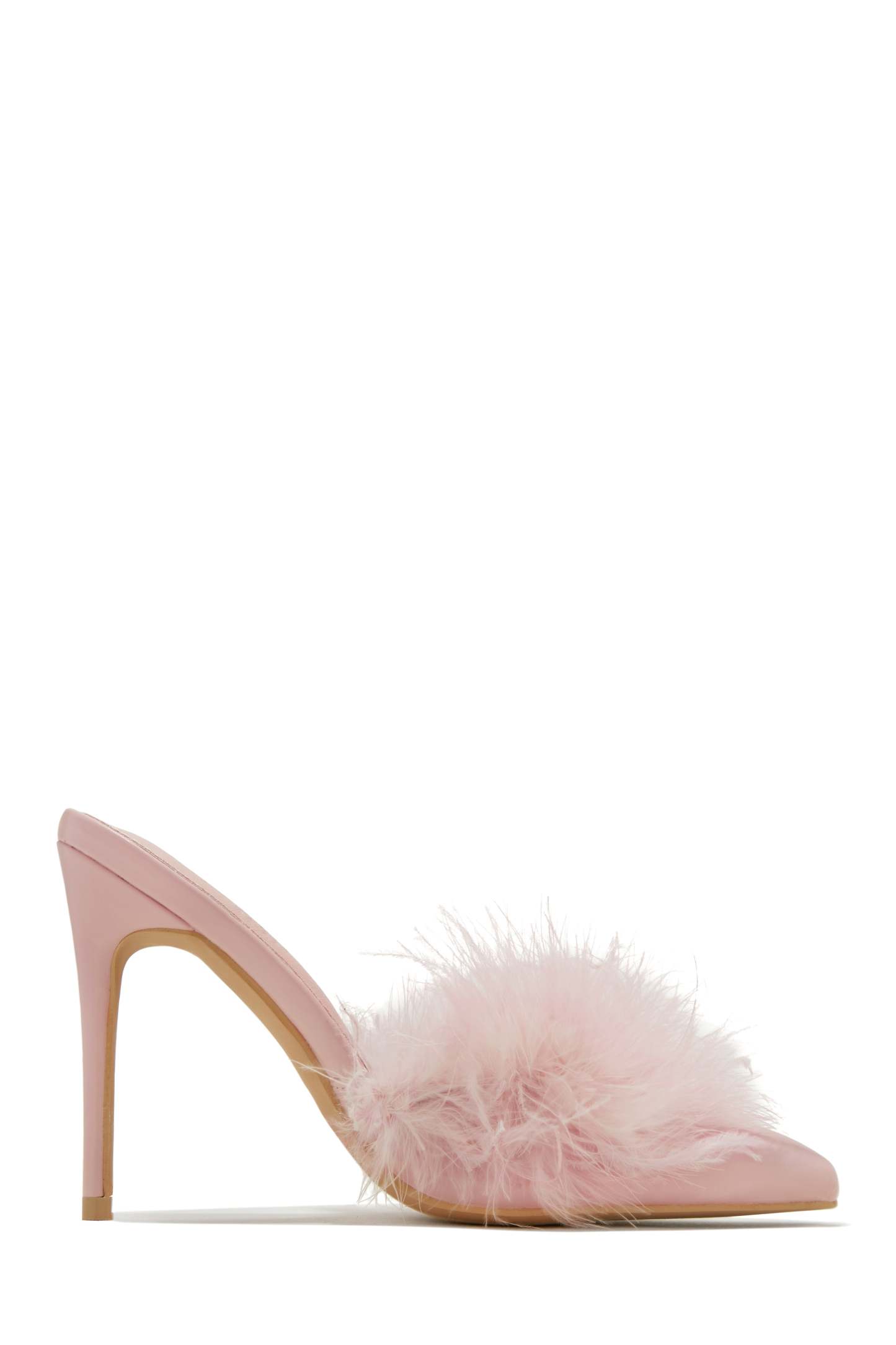 Lorelai Faux Feather Mule Heels - Pink-Laseno.All Rights Reserved.